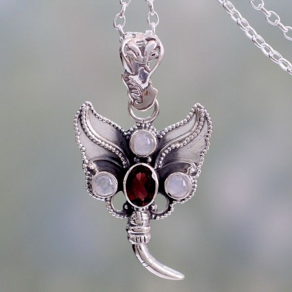 Alternate image for Silver Butterfly with Garnet and Rainbow Moonstone Butterfly Triumph