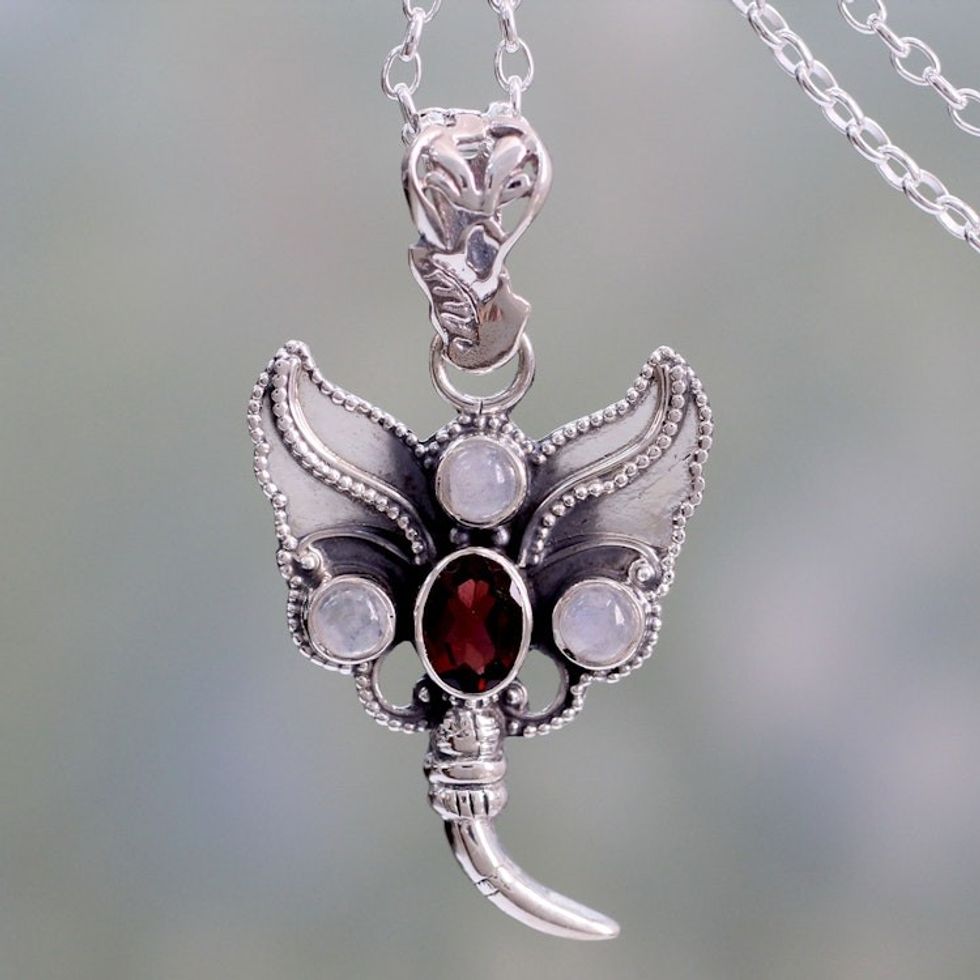 Silver Butterfly with Garnet and Rainbow Moonstone 'Butterfly Triumph'