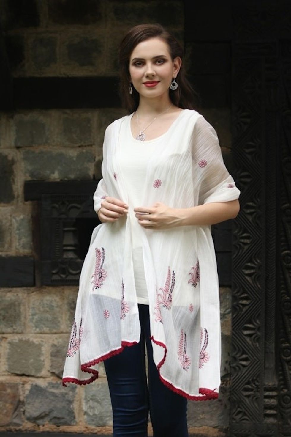 Cotton and Silk Shawl in Champagne and Wine from India 'Chikan Flowers in Wine'