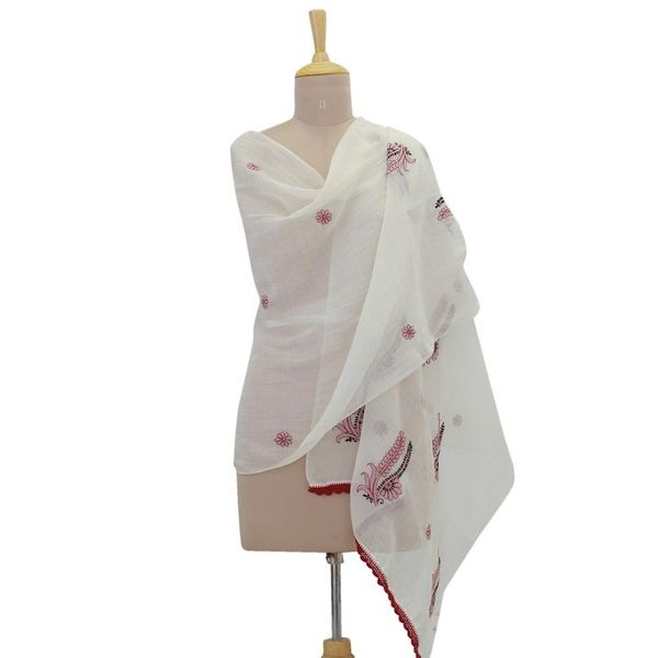 Alternate image for Cotton and Silk Shawl in Champagne and Wine from India Chikan Flowers in Wine