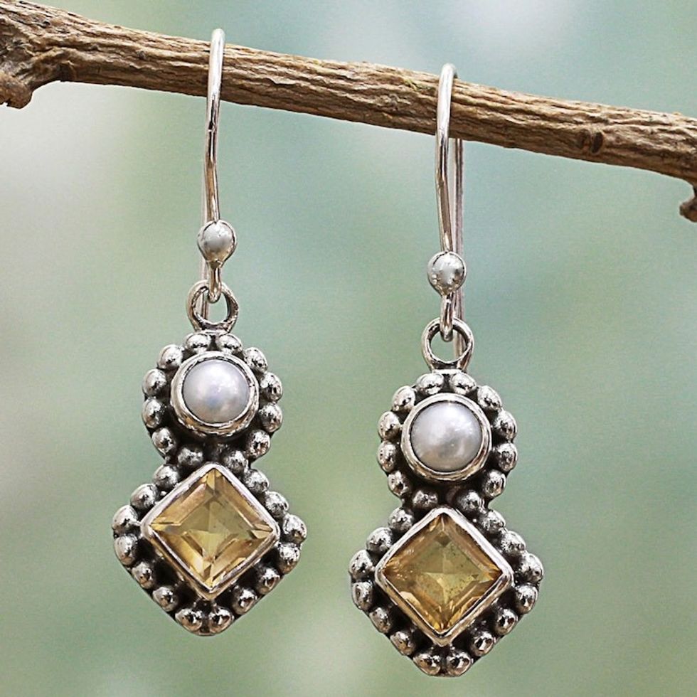 Citrine and Cultured Pearl Dangle Earrings in Silver 925 'Kolkata Sparkle'