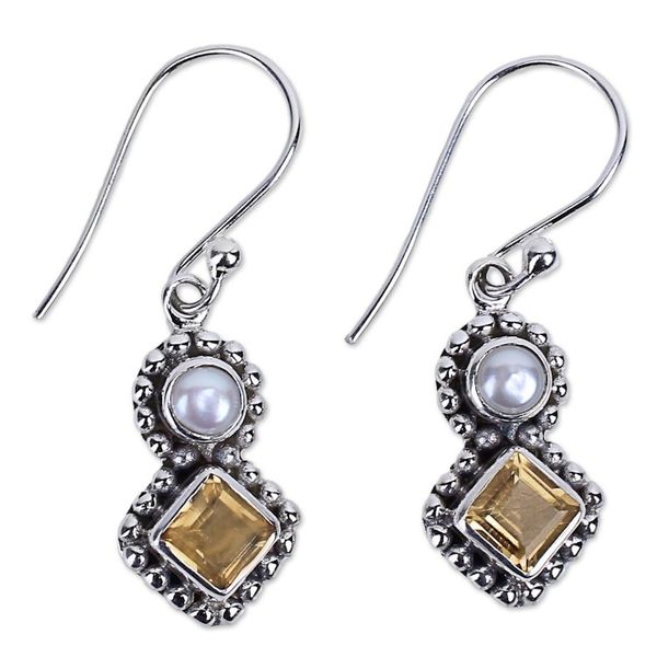 Alternate image for Citrine and Cultured Pearl Dangle Earrings in Silver 925 Kolkata Sparkle