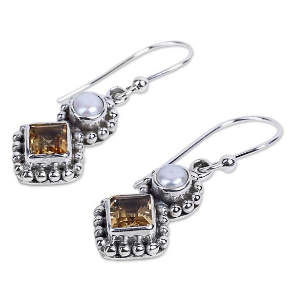 Alternate image for Citrine and Cultured Pearl Dangle Earrings in Silver 925 Kolkata Sparkle