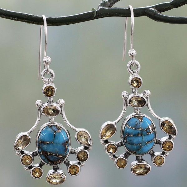 Alternate image for Sterling Silver Citrine Earrings with Composite Turquoise Droplets of Sunshine