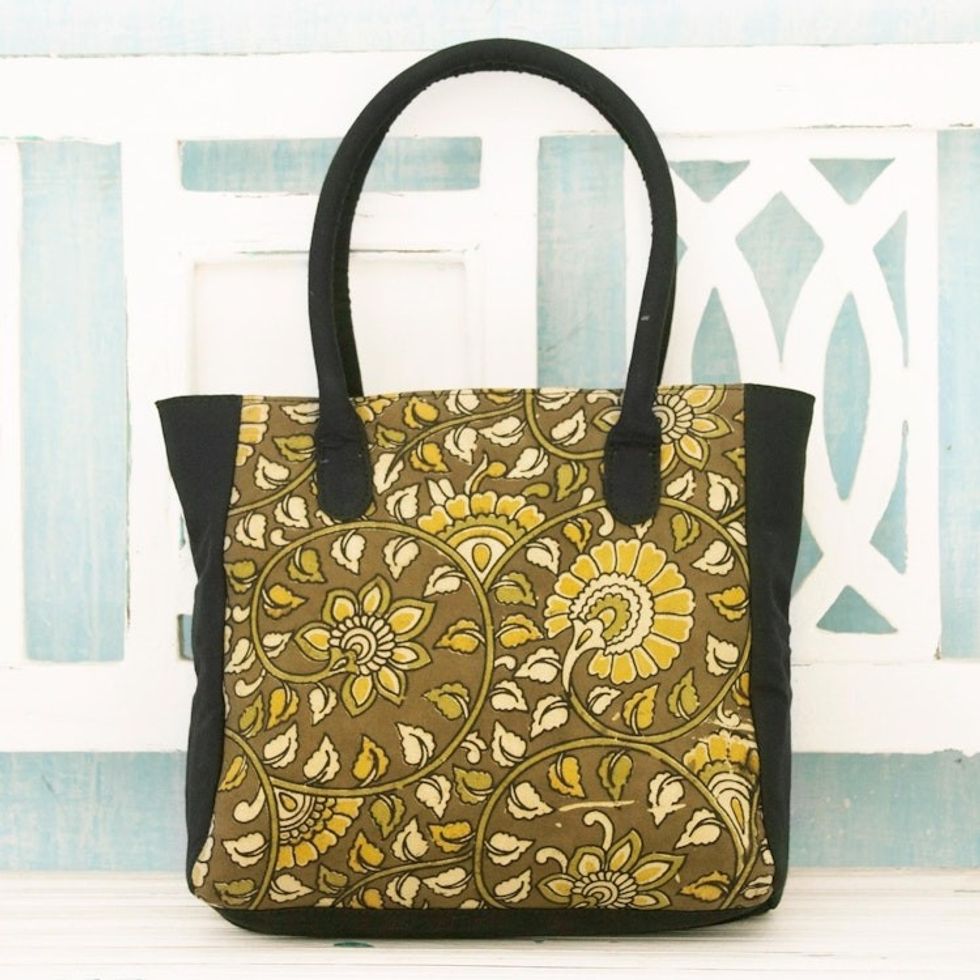 Indian Olive Color Cotton Tote Bag with Block Printed Leaves 'Curling Suns'