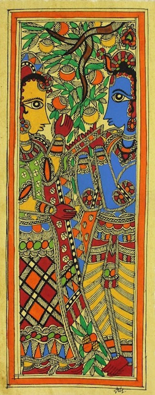 Image for Signed Madhubani Krishna and Radha Painting Celestial Couple II