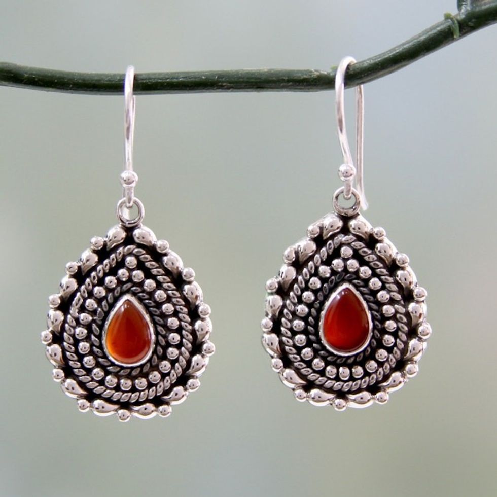 Teardrop Shaped Red Onyx and Silver Dangle Earrings 'Tears of Fire'