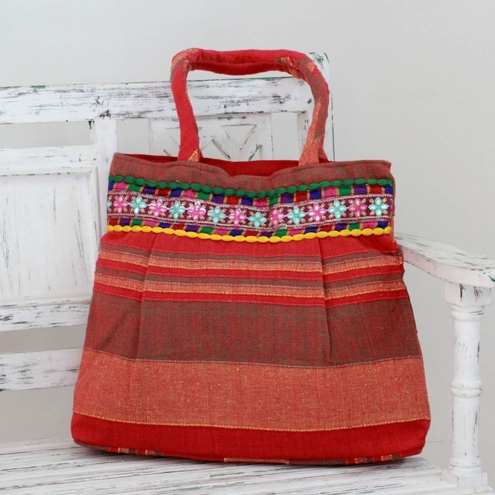 Red and Orange Striped Cotton Shoulder Bag from India 'Scarlet Dawn'