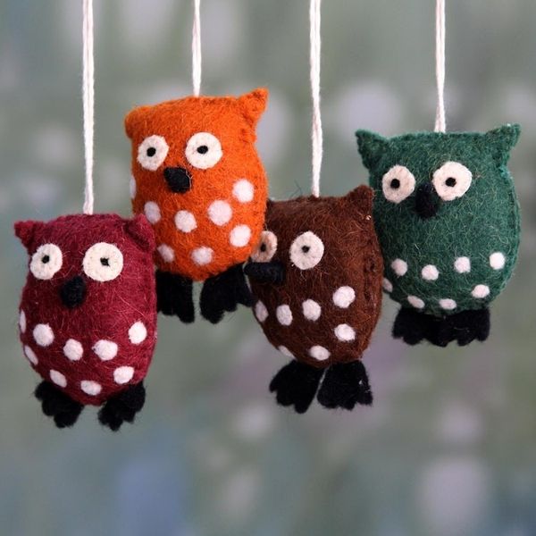 Alternate image for Multicolor Owl Ornaments Handmade of Wool Felt Set of 4 Holiday Hoots