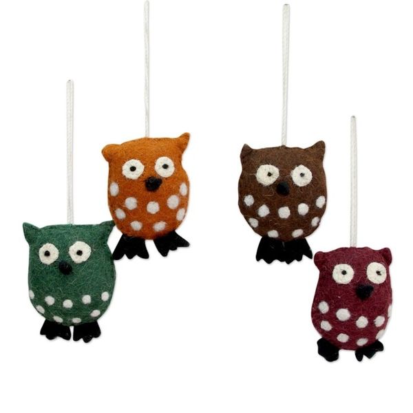 Alternate image for Multicolor Owl Ornaments Handmade of Wool Felt Set of 4 Holiday Hoots