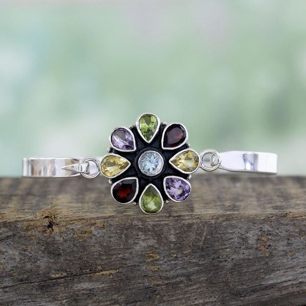 Alternate image for Artisan Crafted Floral Multi-Gemstone Silver Bangle Bracelet Floral Emblem