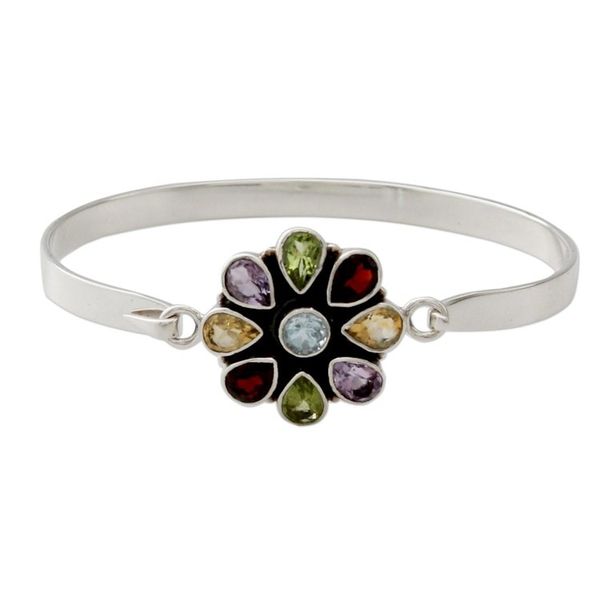 Alternate image for Artisan Crafted Floral Multi-Gemstone Silver Bangle Bracelet Floral Emblem