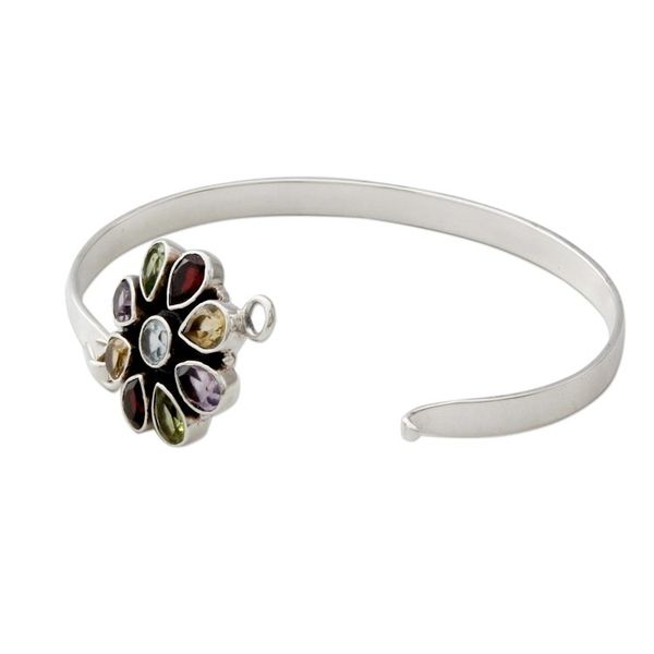 Alternate image for Artisan Crafted Floral Multi-Gemstone Silver Bangle Bracelet Floral Emblem