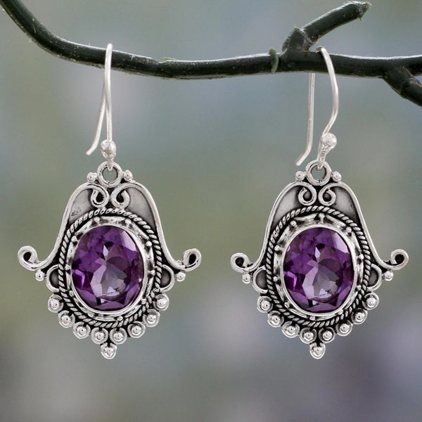 Alternate image for Ornate Amethyst and Sterling Silver Dangle Earrings Jaipuri Glam