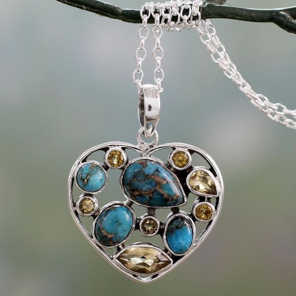 Alternate image for Handmade Citrine and Sterling Silver Heart Pendant Necklace Golden Jaipuri Heart