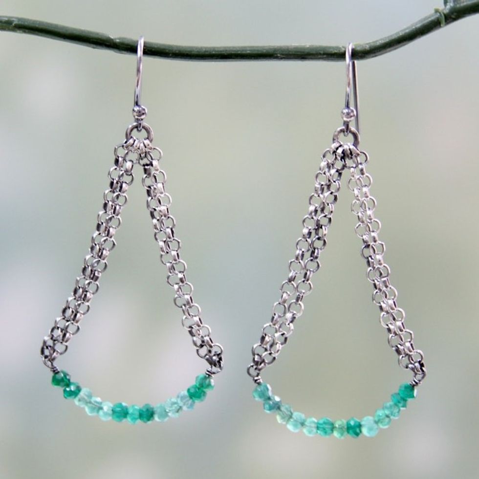 Sterling Silver and Green Onyx Vintage Style Earrings 'Chain Swings'