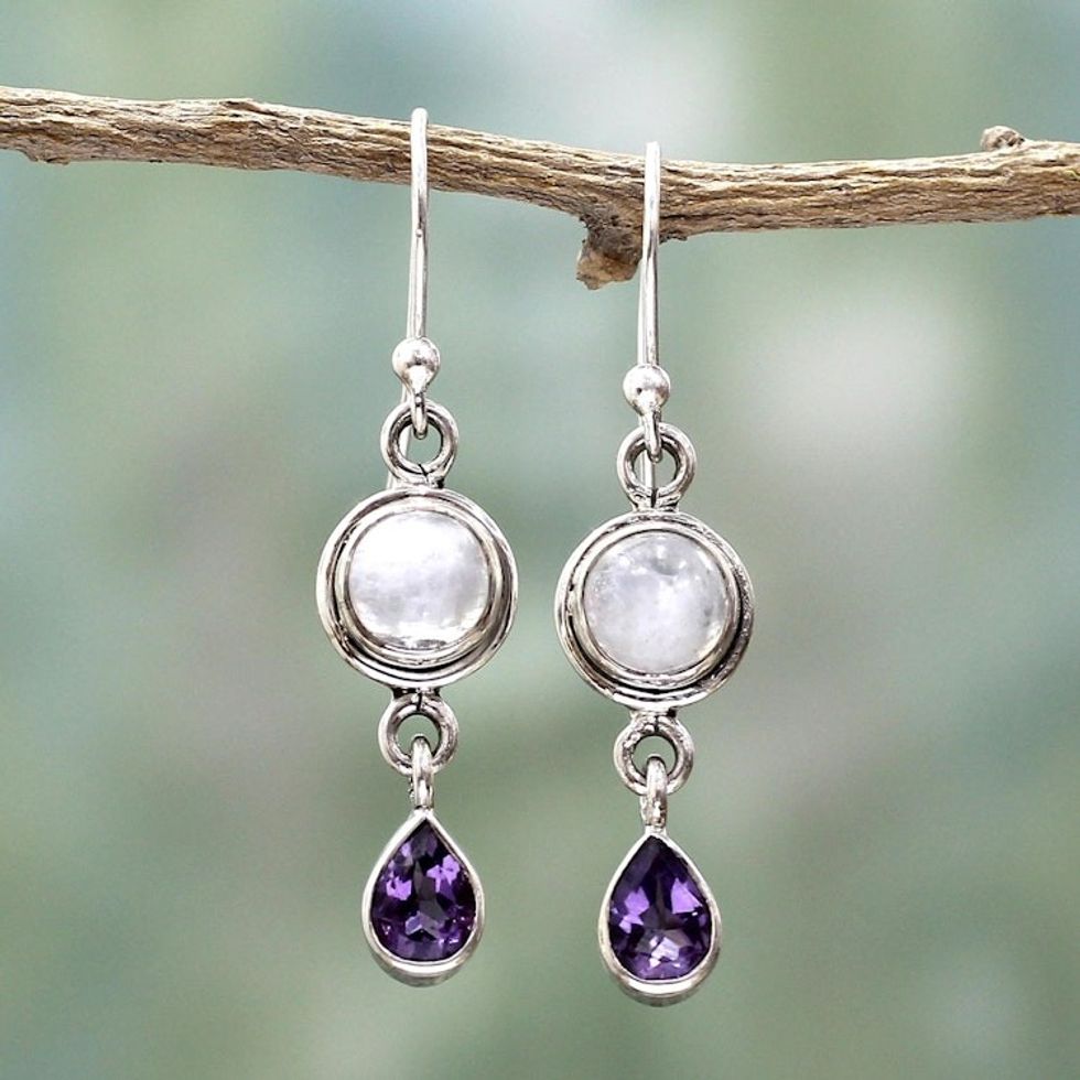 Amethyst Rainbow Moonstone Dangle Earrings from India 'Purple Droplets'