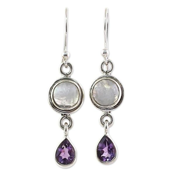 Alternate image for Amethyst Rainbow Moonstone Dangle Earrings from India Purple Droplets