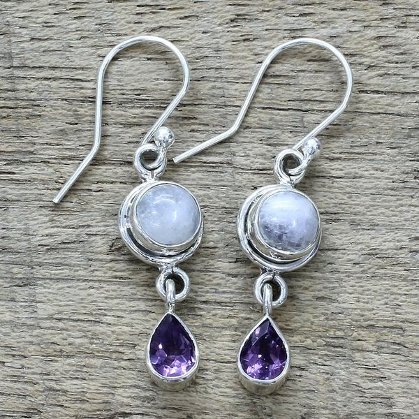 Alternate image for Amethyst Rainbow Moonstone Dangle Earrings from India Purple Droplets