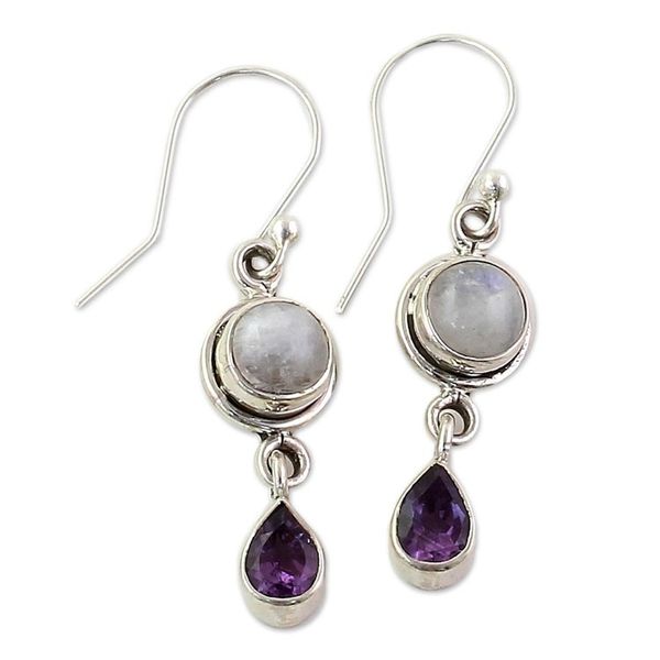 Alternate image for Amethyst Rainbow Moonstone Dangle Earrings from India Purple Droplets