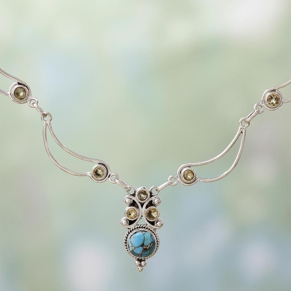Sterling Silver Citrine Turquoise Pendant Necklace 'Radiant Princess'