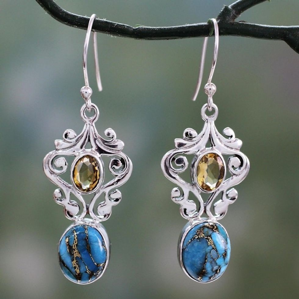 Artisan Crafted Earrings with Citrine and Turquoise 'Graceful Arabesque'