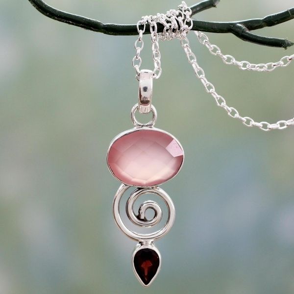 Alternate image for Indian Silver Necklace with Pink Chalcedony and Garnet Romantic Journey