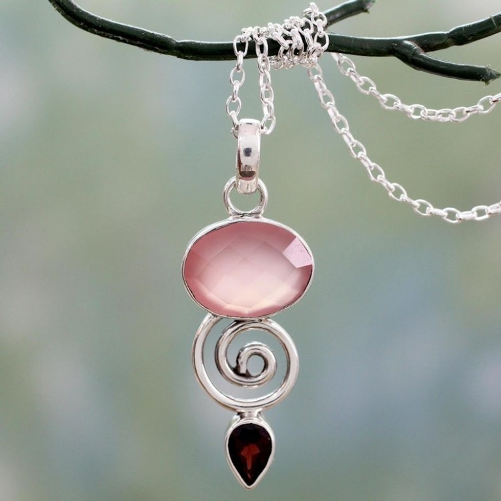 Indian Silver Necklace with Pink Chalcedony and Garnet 'Romantic Journey'