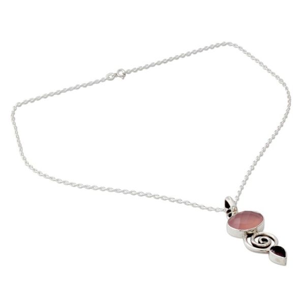 Alternate image for Indian Silver Necklace with Pink Chalcedony and Garnet Romantic Journey