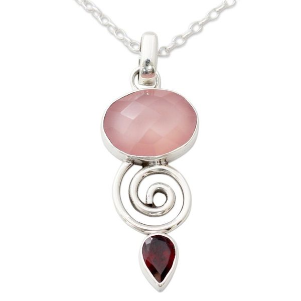 Alternate image for Indian Silver Necklace with Pink Chalcedony and Garnet Romantic Journey