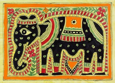 Alternate image for Madhubani Painting Signed Artwork on Handmade Paper Majestic Elephant