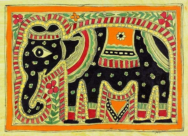 Image for Madhubani Painting Signed Artwork on Handmade Paper Majestic Elephant