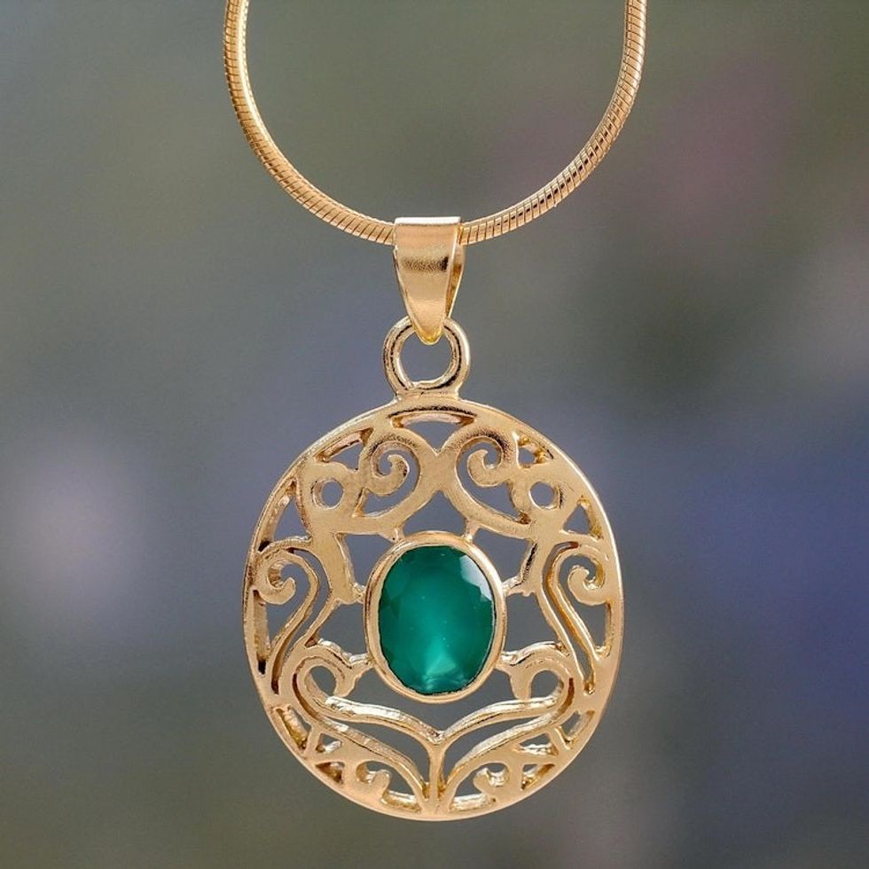 Gold Vermeil Pendant Necklace with Green Enhanced Onyx 'Golden Goddess'