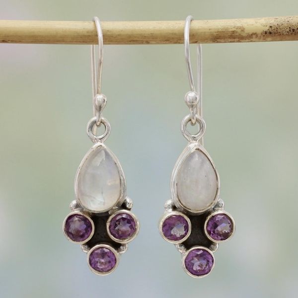 Alternate image for Rainbow Moonstone and Amethyst Dangle Earrings from India Enthralling Sky in Purple