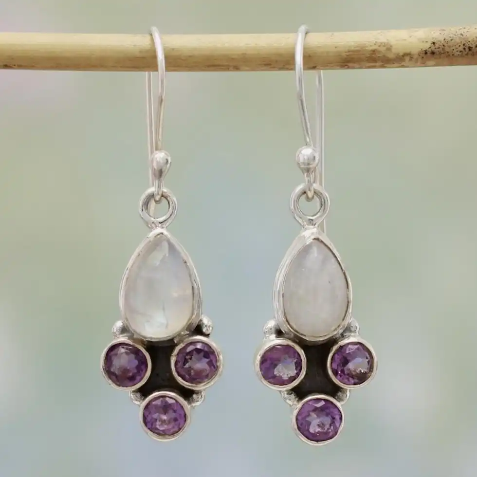 Rainbow Moonstone and Amethyst Dangle Earrings from India 'Enthralling Sky in Purple'