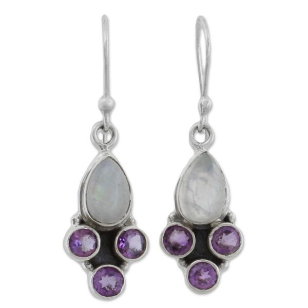 Alternate image for Rainbow Moonstone and Amethyst Dangle Earrings from India Enthralling Sky in Purple