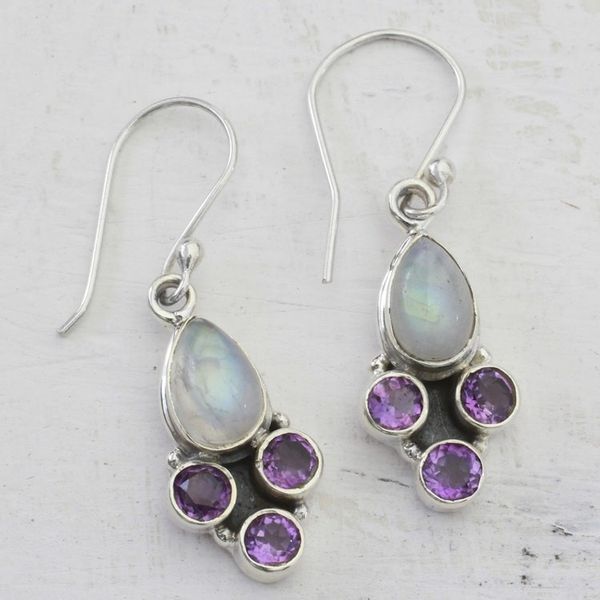 Alternate image for Rainbow Moonstone and Amethyst Dangle Earrings from India Enthralling Sky in Purple