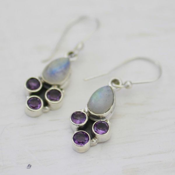 Alternate image for Rainbow Moonstone and Amethyst Dangle Earrings from India Enthralling Sky in Purple