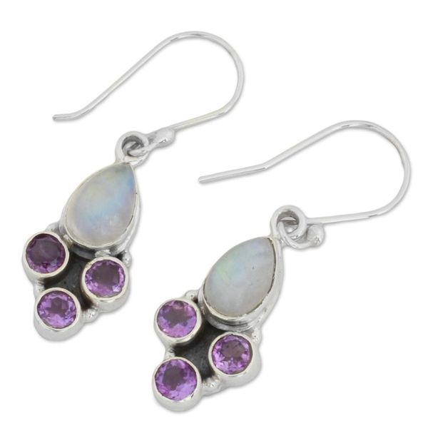 Alternate image for Rainbow Moonstone and Amethyst Dangle Earrings from India Enthralling Sky in Purple
