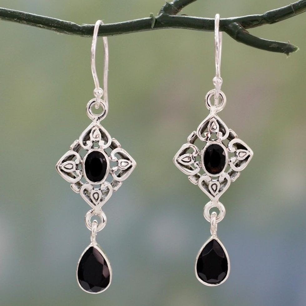 Ornate Black Onyx and Sterling Silver Dangle Style Earrings 'Regal in Black'