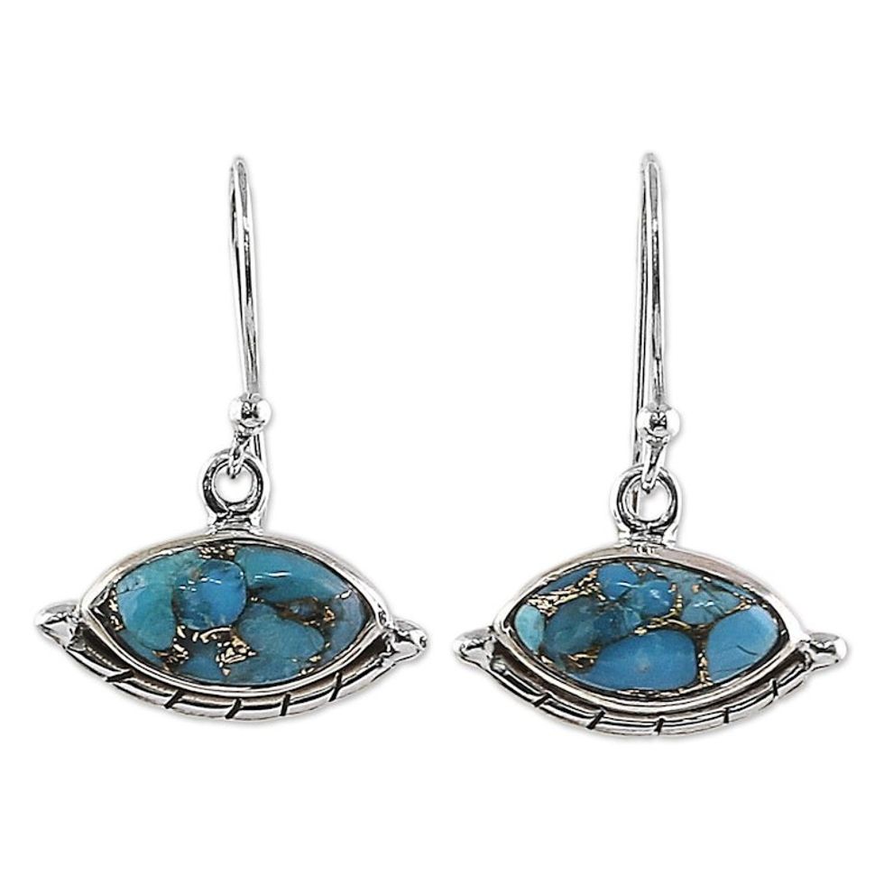Hand Made Composite Turquoise Dangle Earrings from India 'Protective Eyes in Light Blue'
