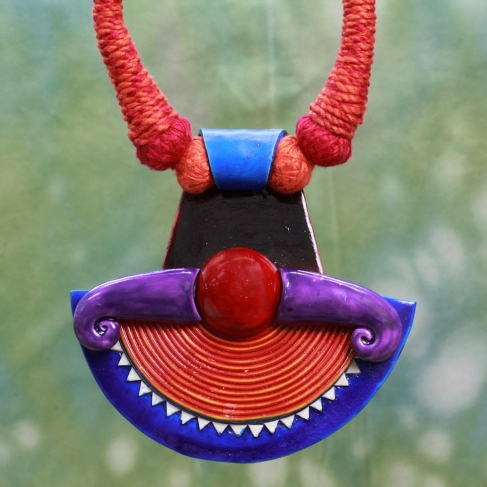 Hand Made Ceramic Cotton Necklace Red Orange from India 'Sun Energy'