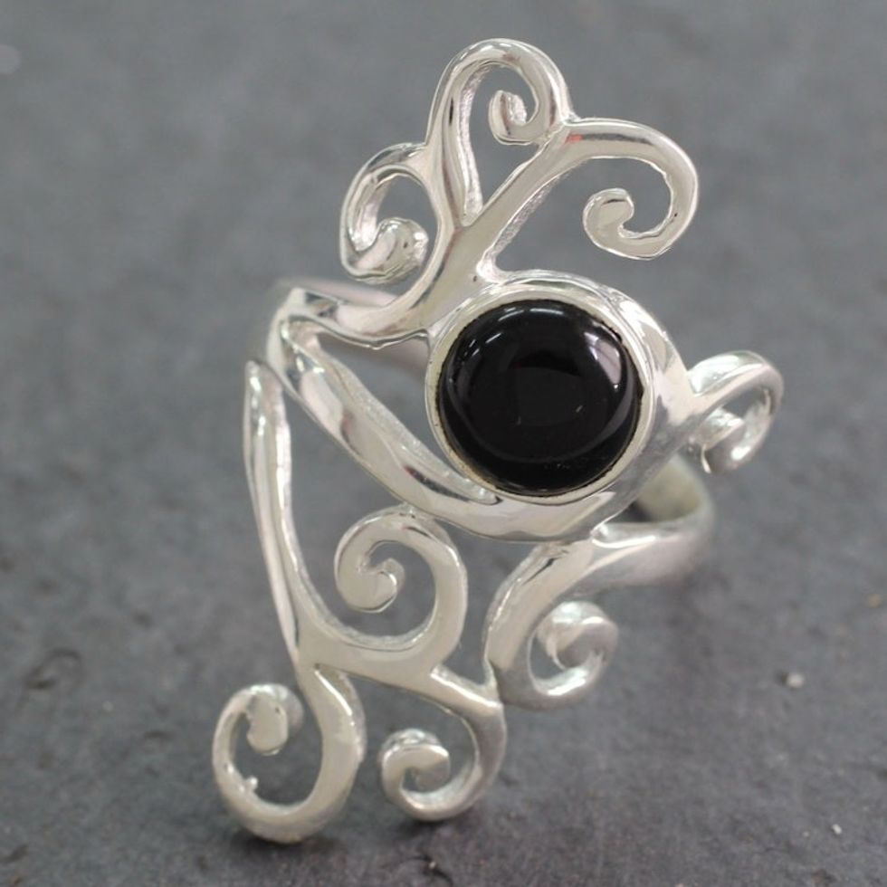 Sterling Silver Cocktail Ring with Black Onyx from India 'Black Jasmine'