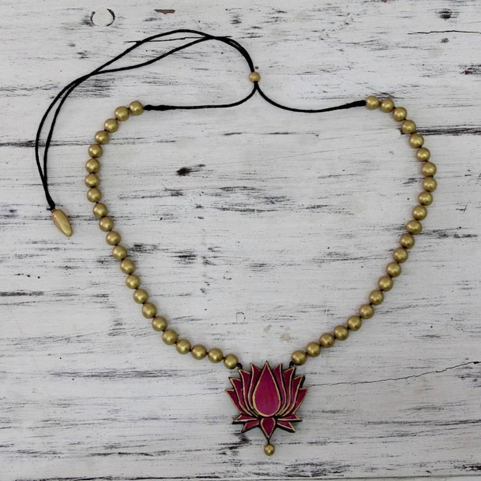 Artisan Crafted Adjustable Length Terracotta Beaded Necklace 'Lotus Majesty'