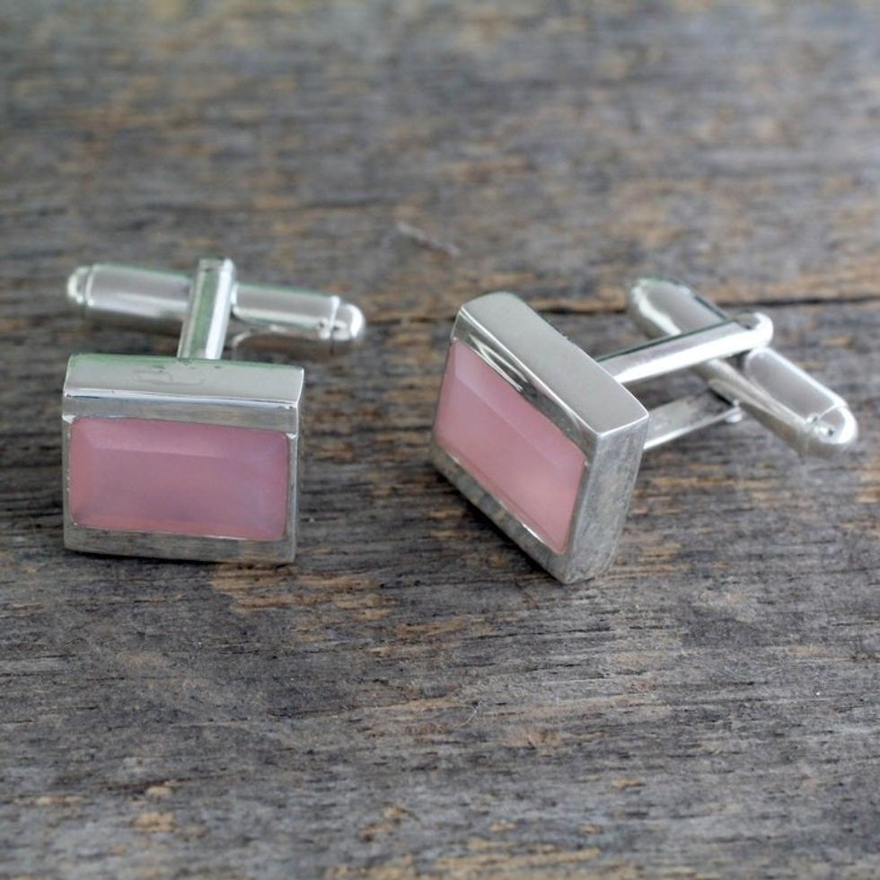 Indian Silver Cufflinks with Pink Chalcedony 'Opportunity'