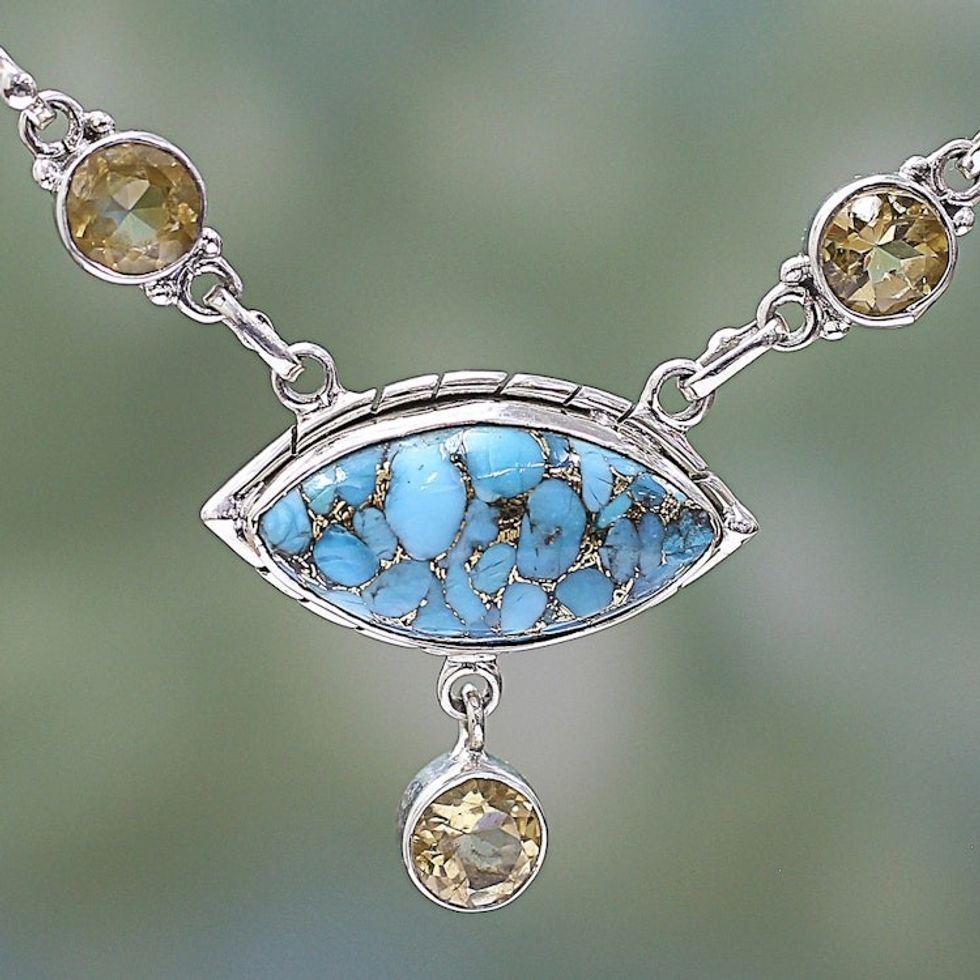 Composite Turquoise and Citrine Pendant Necklace India 'Protective Eye in Light Blue'
