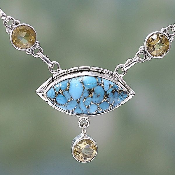 Alternate image for Composite Turquoise and Citrine Pendant Necklace India Protective Eye in Light Blue