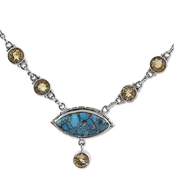 Alternate image for Composite Turquoise and Citrine Pendant Necklace India Protective Eye in Light Blue