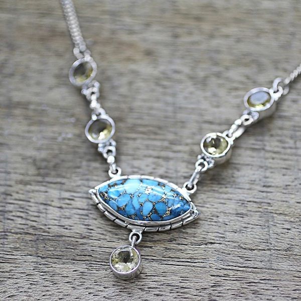 Alternate image for Composite Turquoise and Citrine Pendant Necklace India Protective Eye in Light Blue