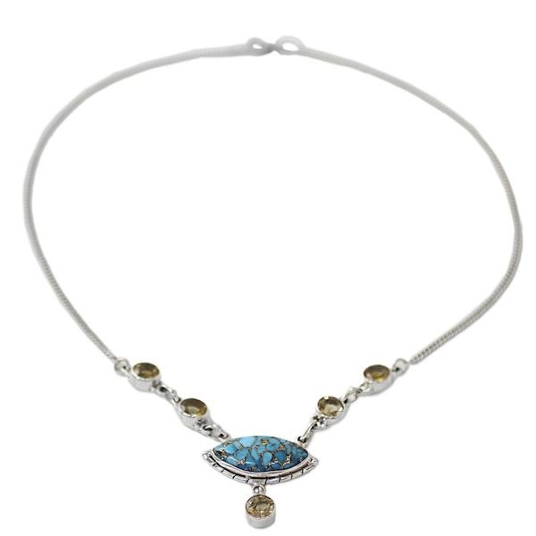 Alternate image for Composite Turquoise and Citrine Pendant Necklace India Protective Eye in Light Blue